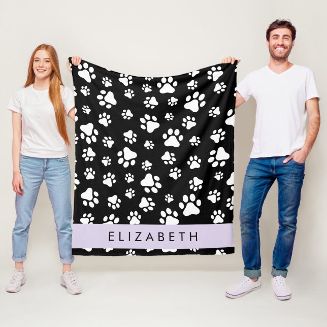 Paw Pattern, Dog Paws, Black and White, Your Name Fleece Blanket (In Situ)