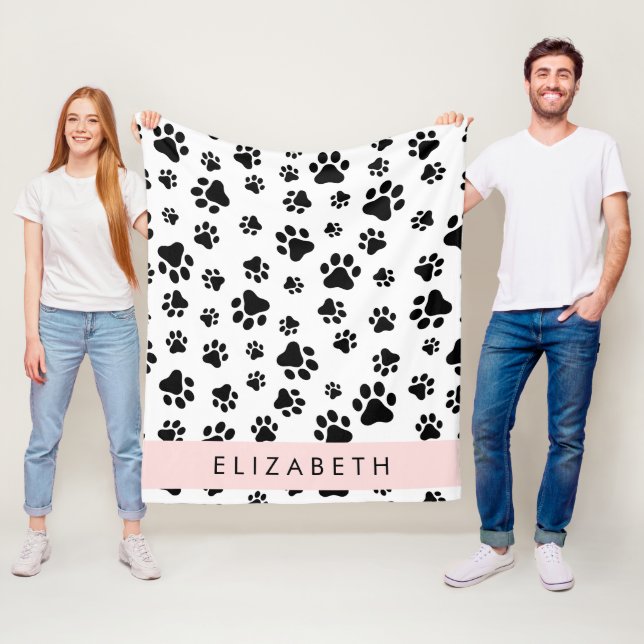Paw Pattern, Dog Paws, Black and White, Your Name Fleece Blanket (In Situ)