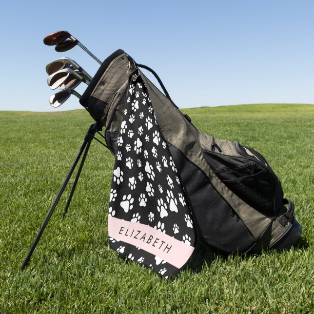 Paw Pattern, Dog Paws, Black and White, Your Name Golf Towel (Green)