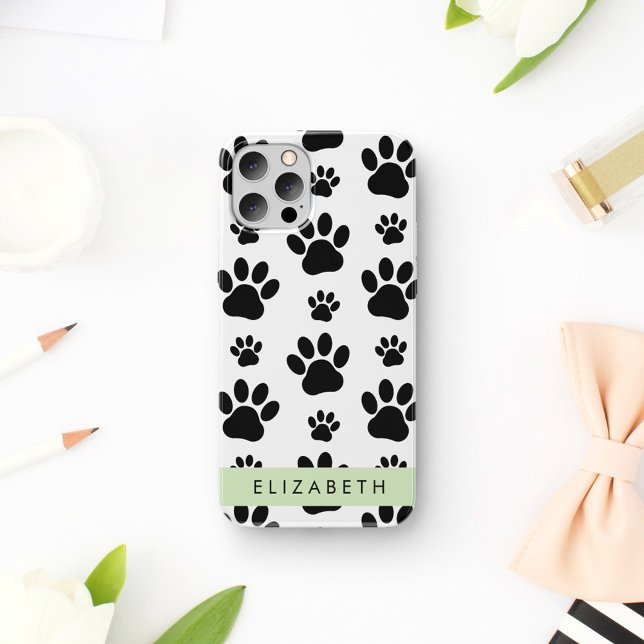 Paw Pattern, Dog Paws, Black and White, Your Name iPhone 16 Case (Creator Uploaded)