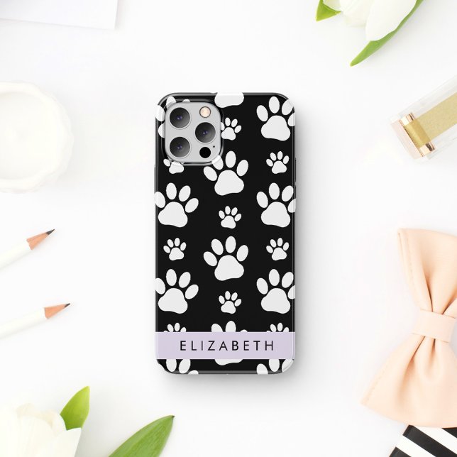 Paw Pattern, Dog Paws, Black and White, Your Name iPhone 16 Case (Creator Uploaded)