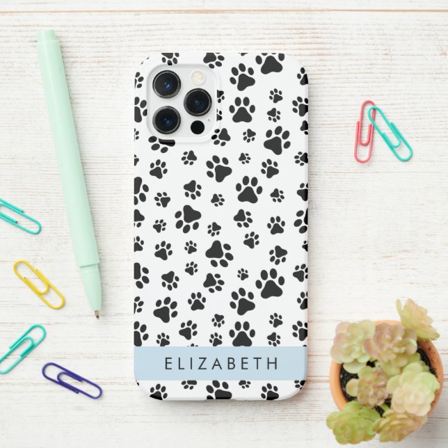 Paw Pattern, Dog Paws, Black and White, Your Name iPhone Case (On Desk)