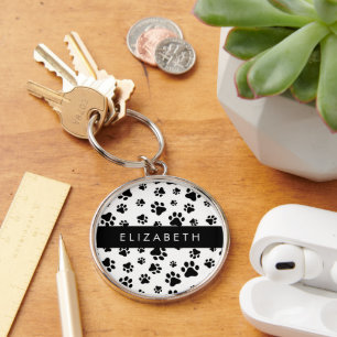 Paw Pattern, Dog Paws, Black and White, Your Name Keychain