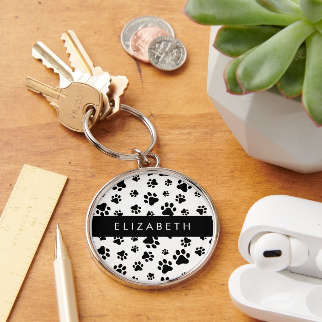 Paw Pattern, Dog Paws, Black and White, Your Name Keychain (Desk)