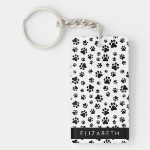 Paw Pattern, Dog Paws, Black and White, Your Name Keychain