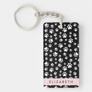Paw Pattern, Dog Paws, Black and White, Your Name Keychain