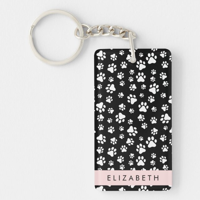 Paw Pattern, Dog Paws, Black and White, Your Name Keychain (Front)