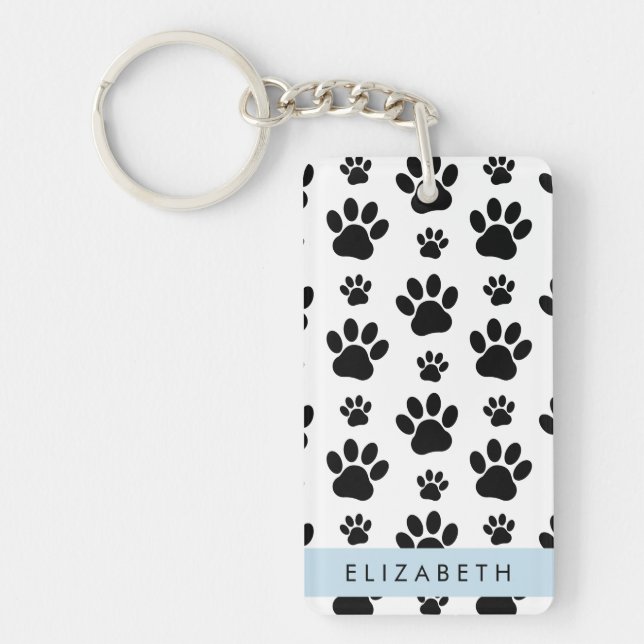 Paw Pattern, Dog Paws, Black and White, Your Name Keychain (Front)