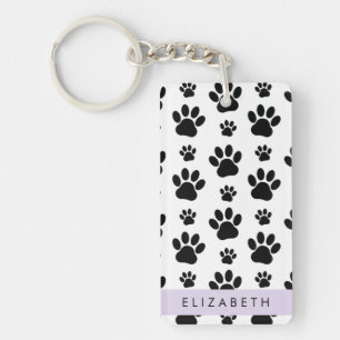 Paw Pattern, Dog Paws, Black and White, Your Name Keychain