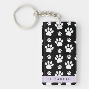 Paw Pattern, Dog Paws, Black and White, Your Name Keychain