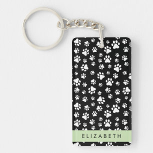 Paw Pattern, Dog Paws, Black and White, Your Name Keychain