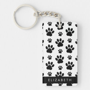 Paw Pattern, Dog Paws, Black and White, Your Name Keychain