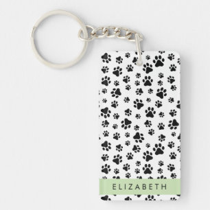 Paw Pattern, Dog Paws, Black and White, Your Name Keychain