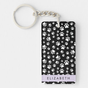 Paw Pattern, Dog Paws, Black and White, Your Name Keychain