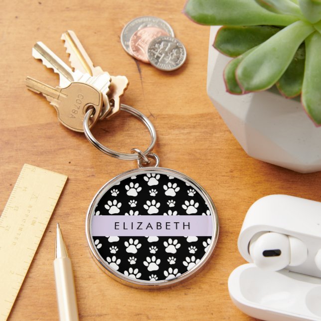 Paw Pattern, Dog Paws, Black and White, Your Name Keychain (Desk)