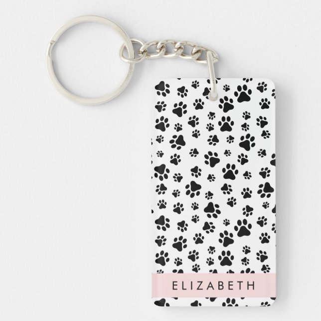 Paw Pattern, Dog Paws, Black and White, Your Name Keychain (Front)