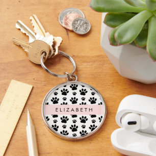 Paw Pattern, Dog Paws, Black and White, Your Name Keychain