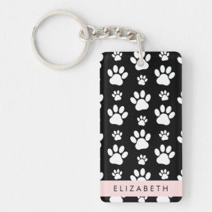 Paw Pattern, Dog Paws, Black and White, Your Name Keychain
