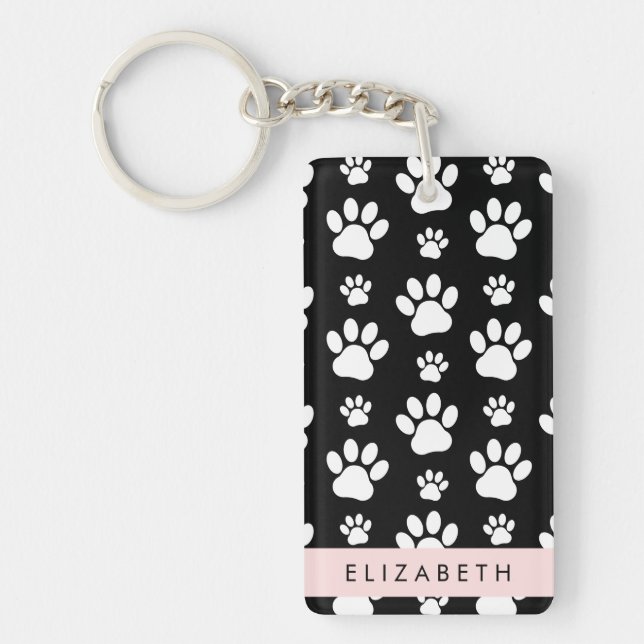 Paw Pattern, Dog Paws, Black and White, Your Name Keychain (Front)
