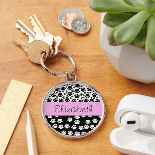Paw Pattern, Dog Paws, Black and White, Your Name Keychain
