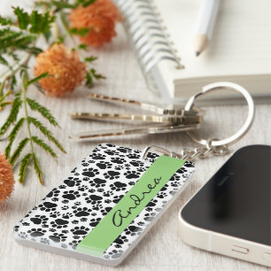Paw Pattern, Dog Paws, Black and White, Your Name Keychain