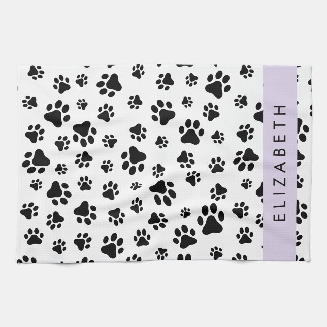 Paw Pattern, Dog Paws, Black and White, Your Name Kitchen Towel (Horizontal)