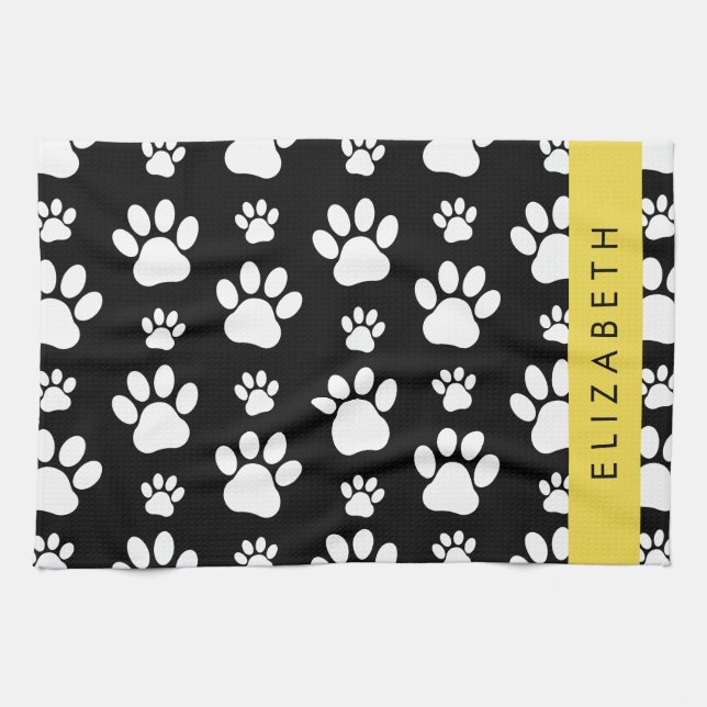 Paw Pattern, Dog Paws, Black and White, Your Name Kitchen Towel (Horizontal)