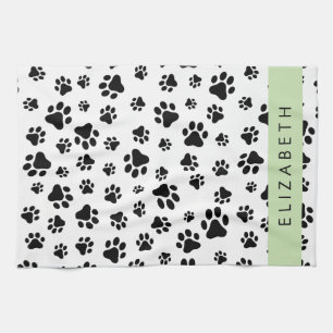 Paw Pattern, Dog Paws, Black and White, Your Name Kitchen Towel