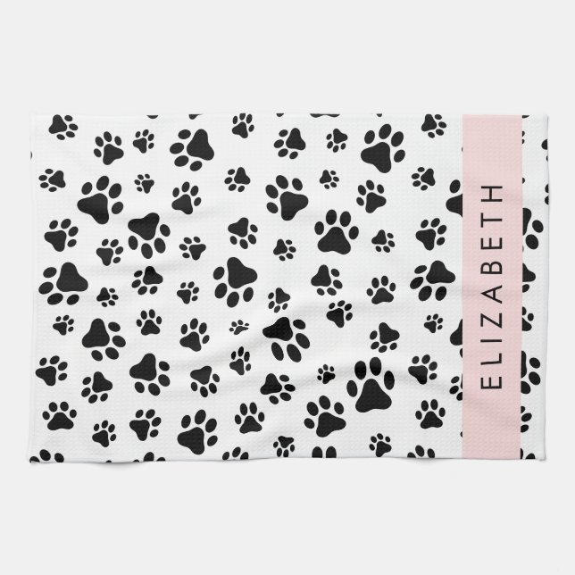 Paw Pattern, Dog Paws, Black and White, Your Name Kitchen Towel (Horizontal)