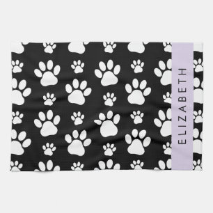 Paw Pattern, Dog Paws, Black and White, Your Name Kitchen Towel
