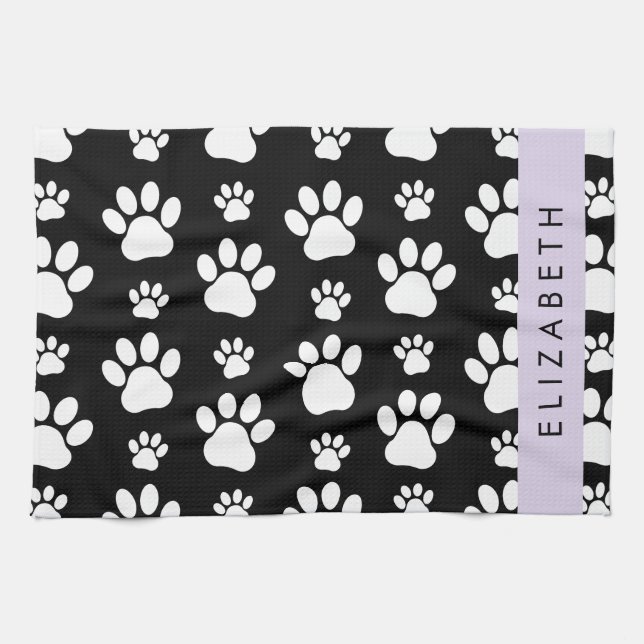 Paw Pattern, Dog Paws, Black and White, Your Name Kitchen Towel (Horizontal)