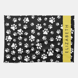 Paw Pattern, Dog Paws, Black and White, Your Name Kitchen Towel