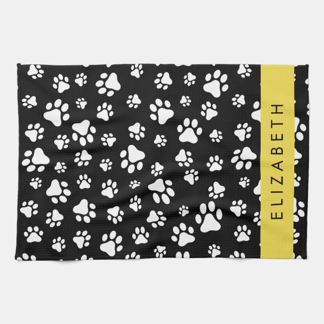 Paw Pattern, Dog Paws, Black and White, Your Name Kitchen Towel (Horizontal)