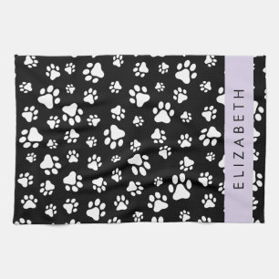 Paw Pattern, Dog Paws, Black and White, Your Name Kitchen Towel