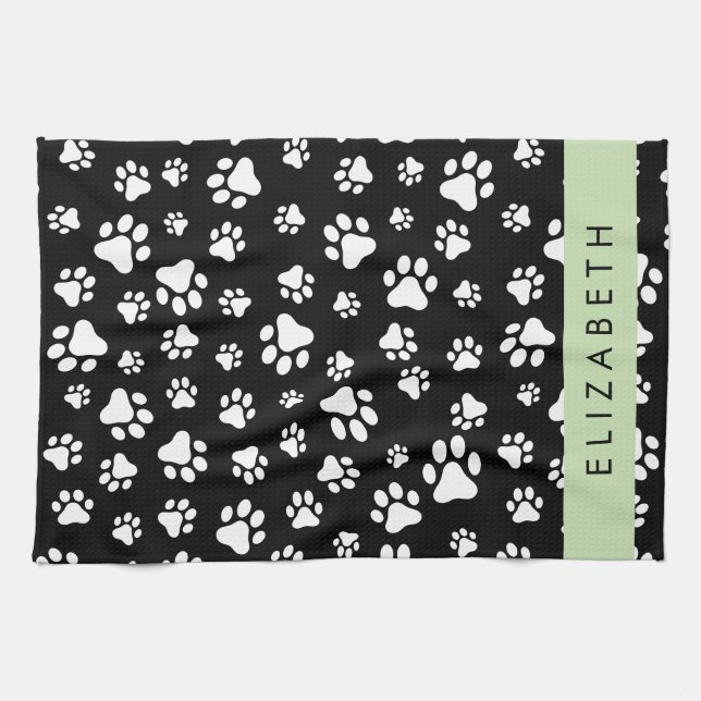 Paw Pattern, Dog Paws, Black and White, Your Name Kitchen Towel (Horizontal)