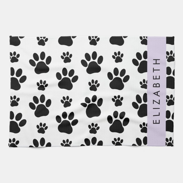 Paw Pattern, Dog Paws, Black and White, Your Name Kitchen Towel (Horizontal)