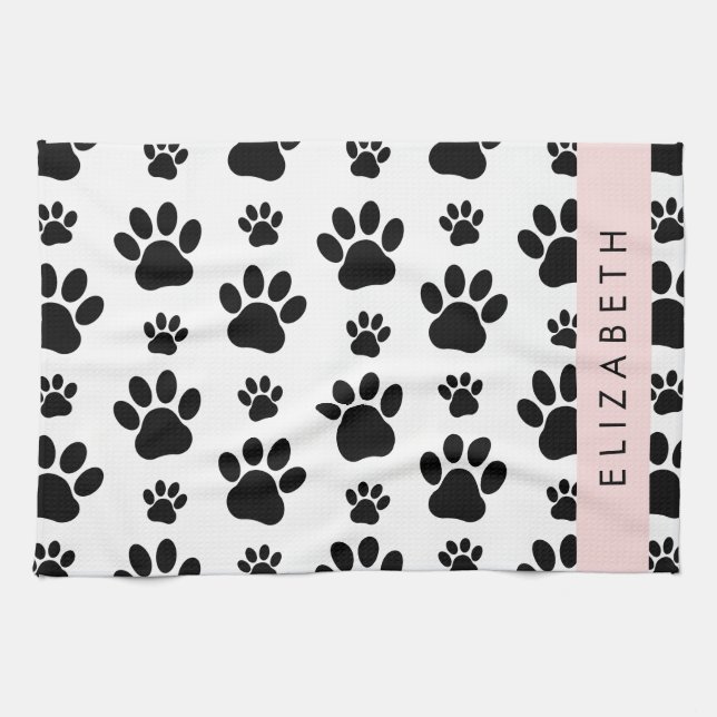 Paw Pattern, Dog Paws, Black and White, Your Name Kitchen Towel (Horizontal)