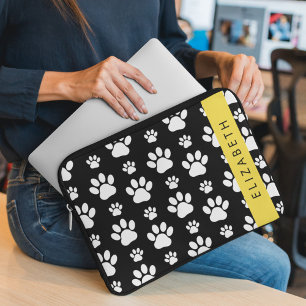 Paw Pattern, Dog Paws, Black and White, Your Name Laptop Sleeve