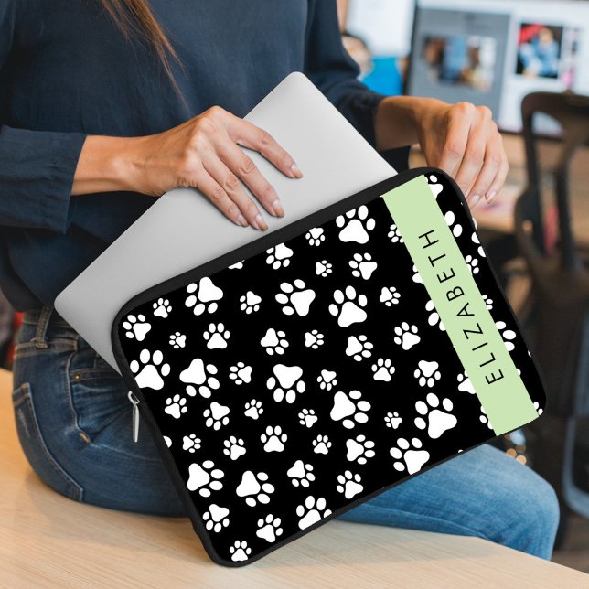 Paw Pattern, Dog Paws, Black and White, Your Name Laptop Sleeve (Creator Uploaded)