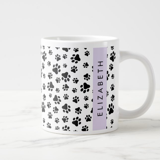 Paw Pattern, Dog Paws, Black and White, Your Name Large Coffee Mug (Right)