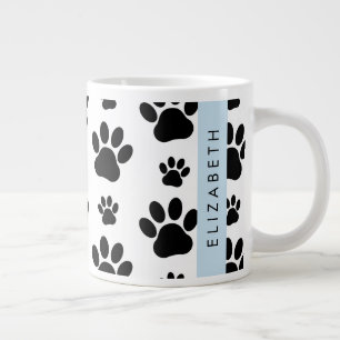 Paw Pattern, Dog Paws, Black and White, Your Name Large Coffee Mug