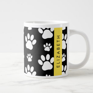 Paw Pattern, Dog Paws, Black and White, Your Name Large Coffee Mug