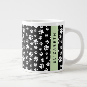 Paw Pattern, Dog Paws, Black and White, Your Name Large Coffee Mug