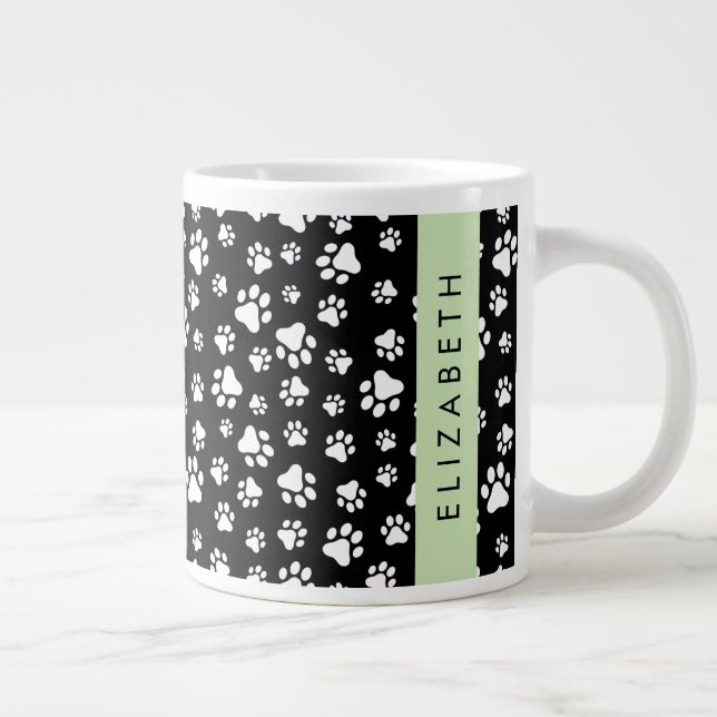 Paw Pattern, Dog Paws, Black and White, Your Name Large Coffee Mug (Right)