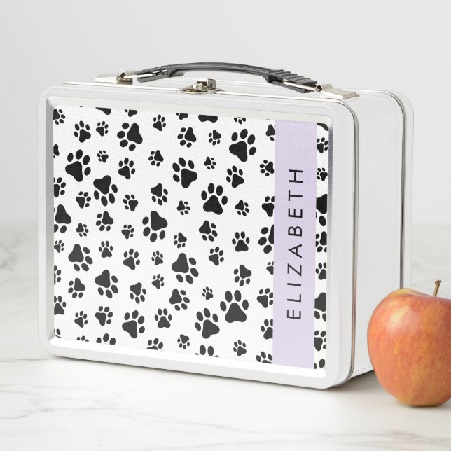 Paw Pattern, Dog Paws, Black and White, Your Name Metal Lunch Box (In Situ)