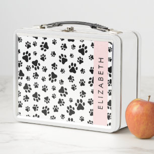 Paw Pattern, Dog Paws, Black and White, Your Name Metal Lunch Box