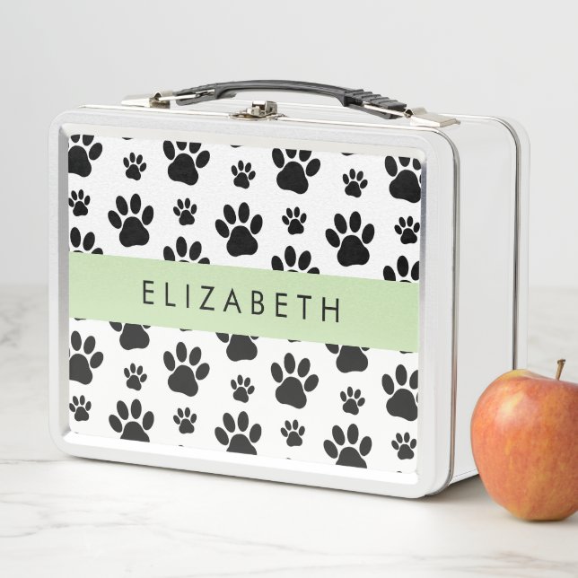 Paw Pattern, Dog Paws, Black and White, Your Name Metal Lunch Box (In Situ)