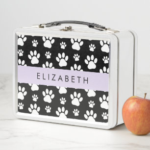 Paw Pattern, Dog Paws, Black and White, Your Name Metal Lunch Box
