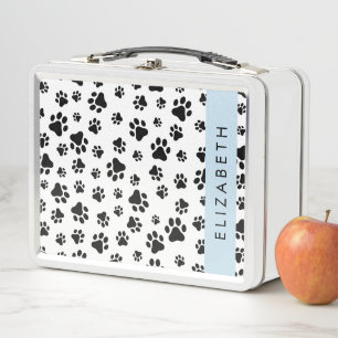 Paw Pattern, Dog Paws, Black and White, Your Name Metal Lunch Box