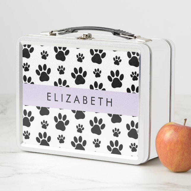 Paw Pattern, Dog Paws, Black and White, Your Name Metal Lunch Box (In Situ)